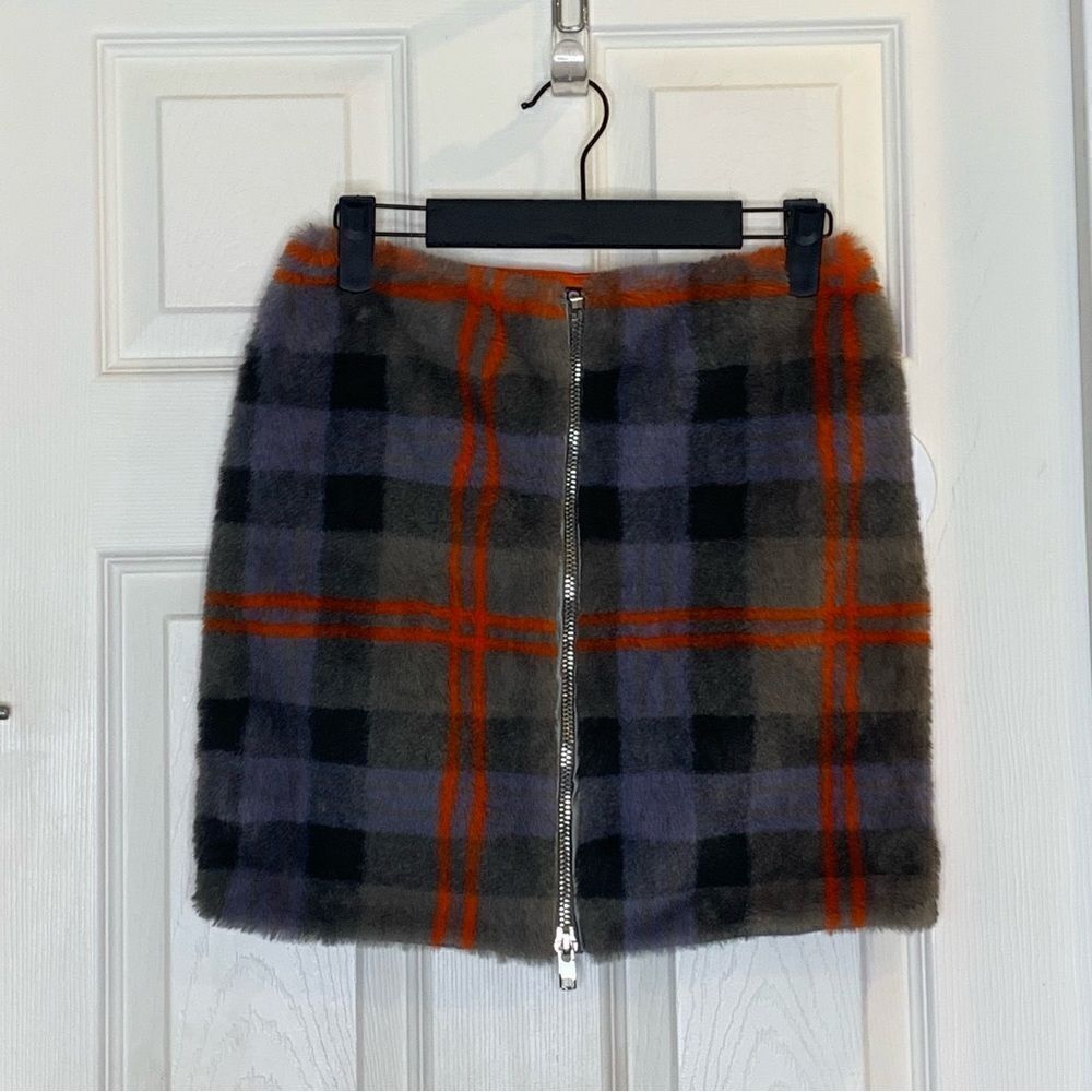 Dolls Kill Capsulle Faux Fur Plaid Zip Up Mini Skirt Orange Gray Size Small